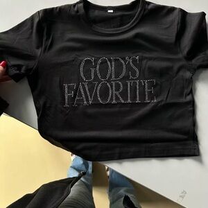 Black Graphic T-Shirt with Rhinestone Detail